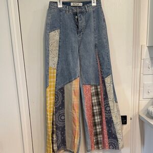 Three Bird Nest Patchwork Flare Jeans - Blue, Yellow, Red, Gray